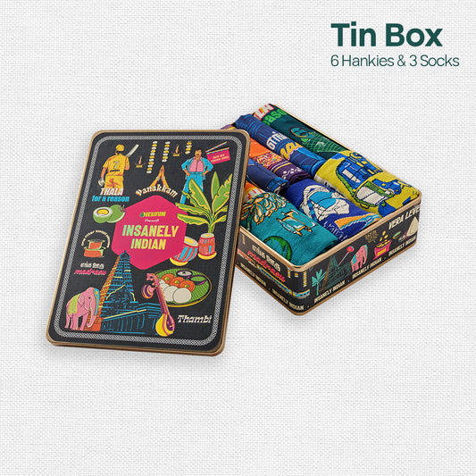 Vanakkam Vibes! Tin Gift Box, 6 Hankies + 3 Socks, 100% Organic Cotton, Box of 9