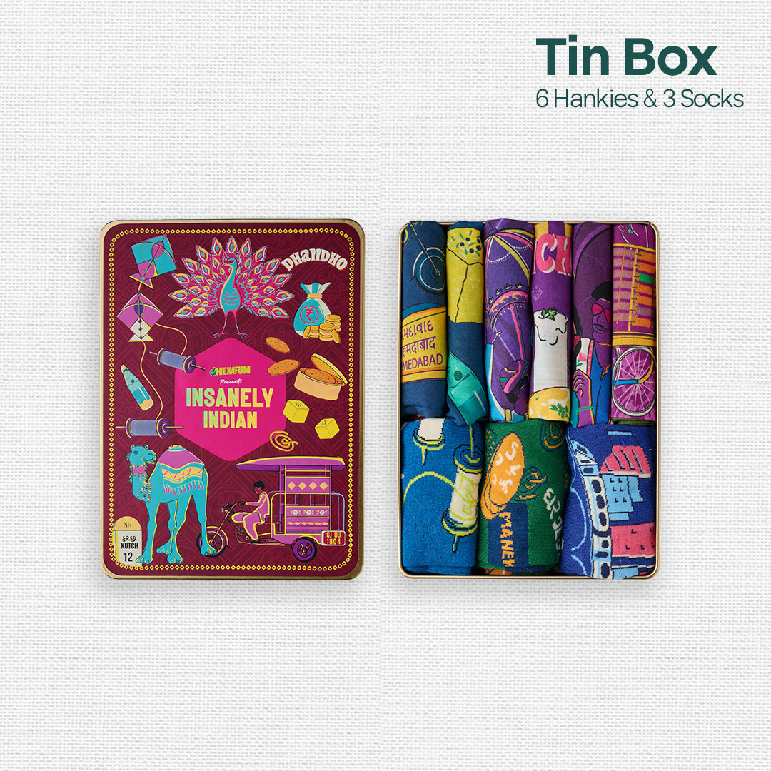 Majjama Mood Box! Tin Gift Box, 6 Hankies + 3 Socks, 100% Organic Cotton, Box of 9