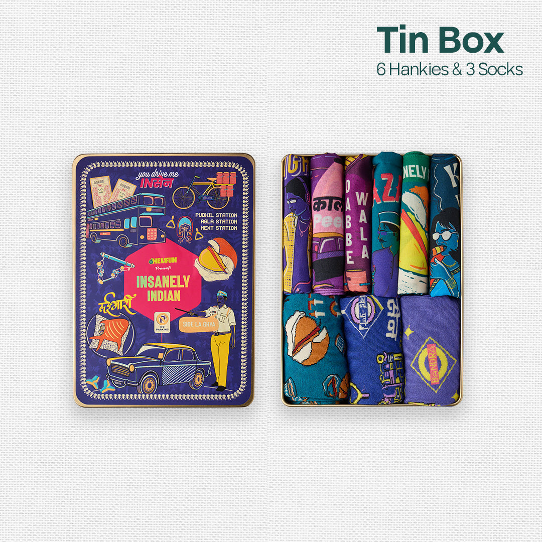 Lai Bhari Drip! Tin Gift Box, 6 Hankies + 3 Socks, 100% Organic Cotton, Box of 9