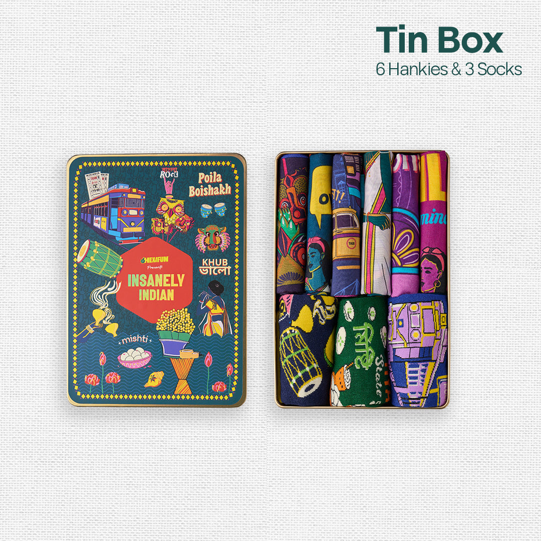 Next Level Bhalo! Tin Gift Box, 6 Hankies + 3 Socks, 100% Organic Cotton, Box of 9