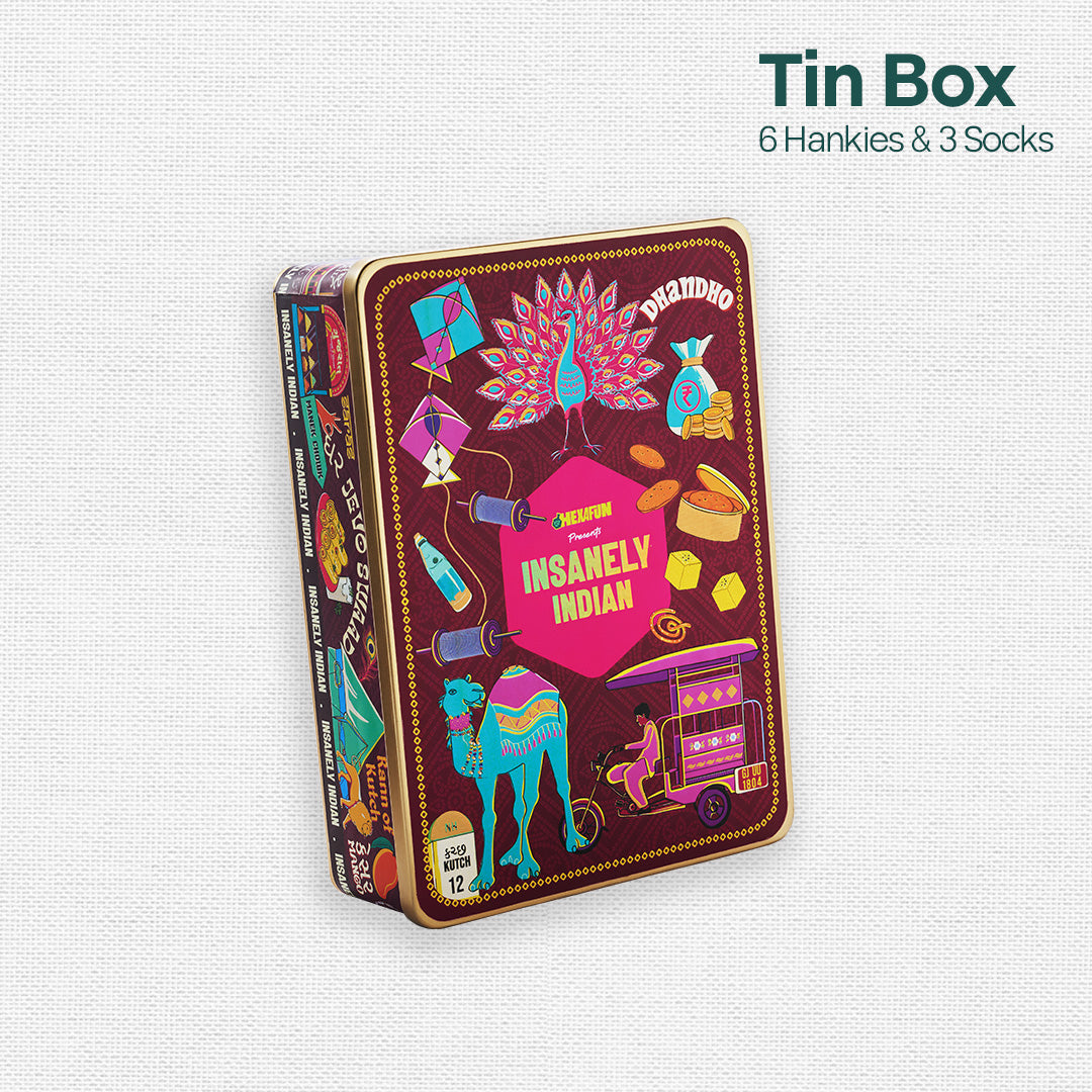 Majjama Mood Box! Tin Gift Box, 6 Hankies + 3 Socks, 100% Organic Cotton, Box of 9