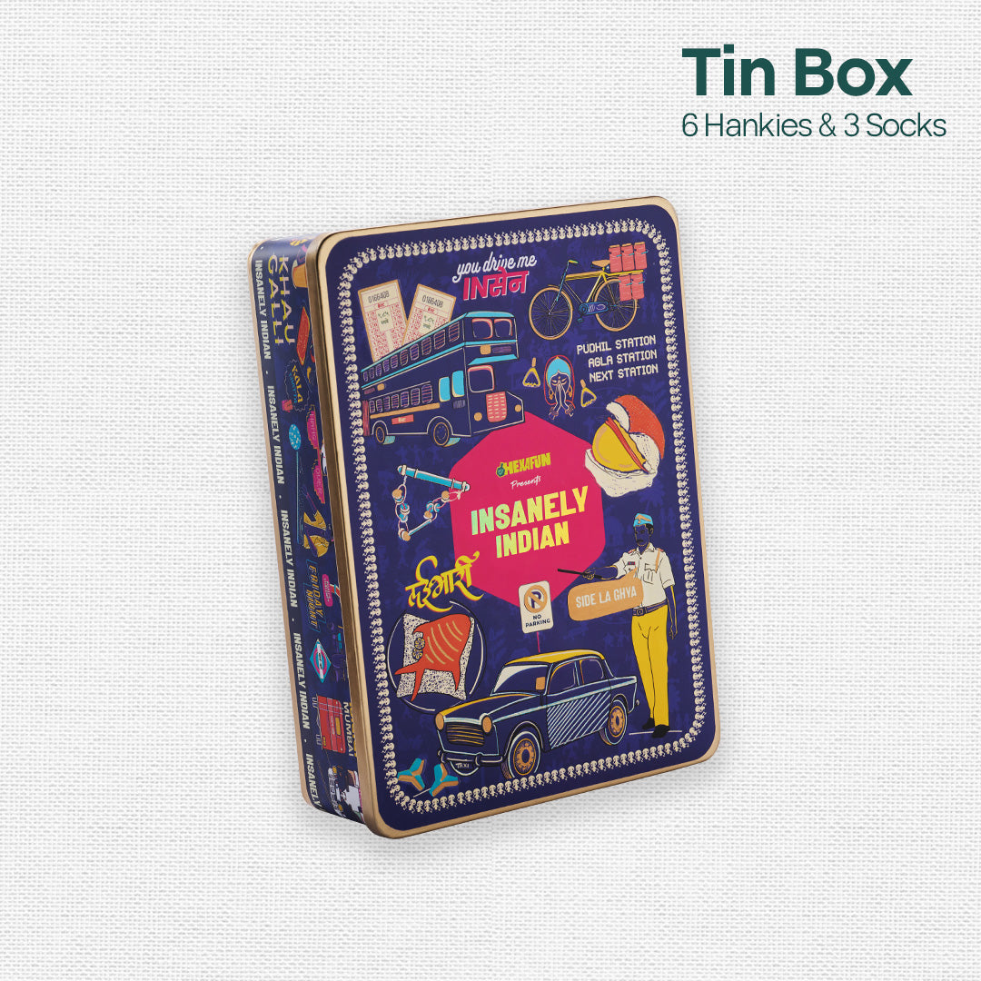 Lai Bhari Drip! Tin Gift Box, 6 Hankies + 3 Socks, 100% Organic Cotton, Box of 9