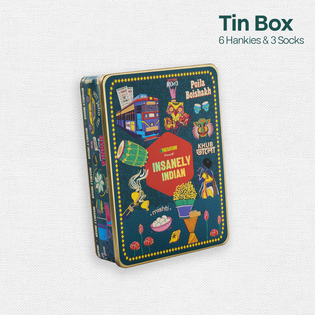 Next Level Bhalo! Tin Gift Box, 6 Hankies + 3 Socks, 100% Organic Cotton, Box of 9