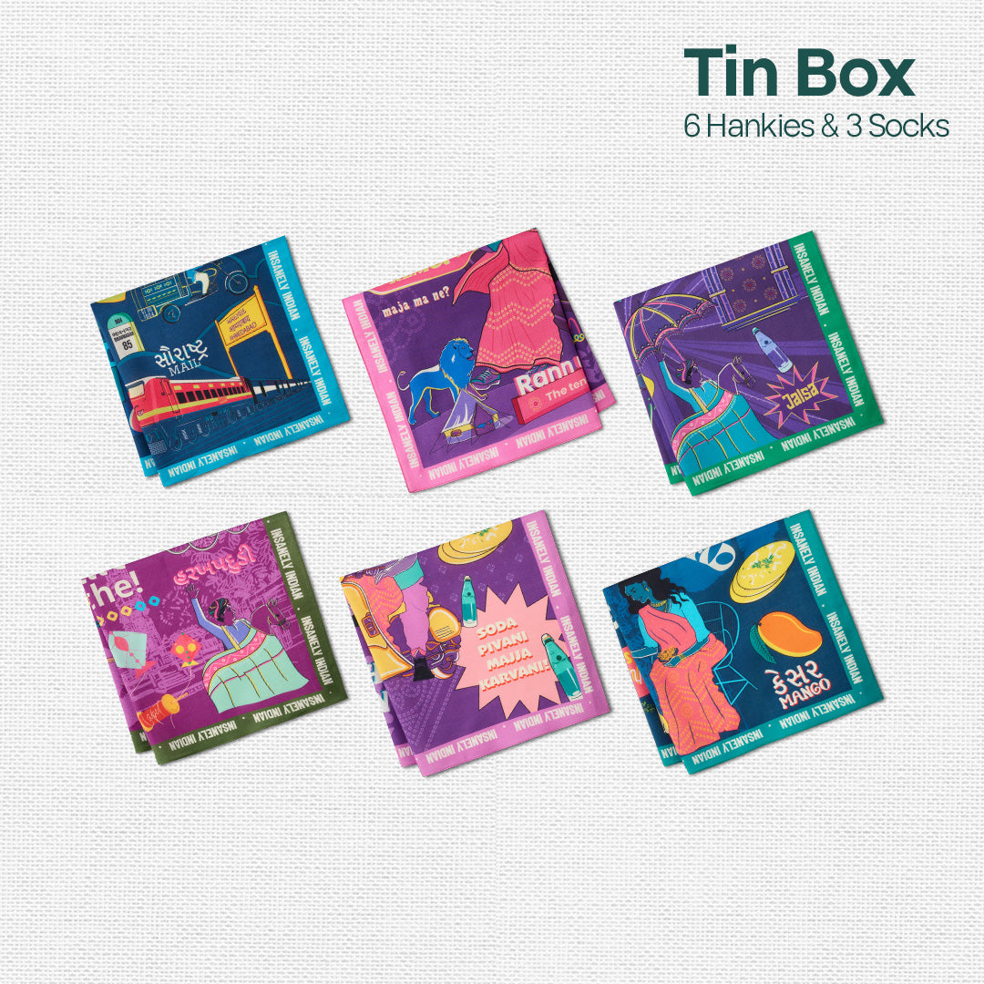 Majjama Mood Box! Tin Gift Box, 6 Hankies + 3 Socks, 100% Organic Cotton, Box of 9