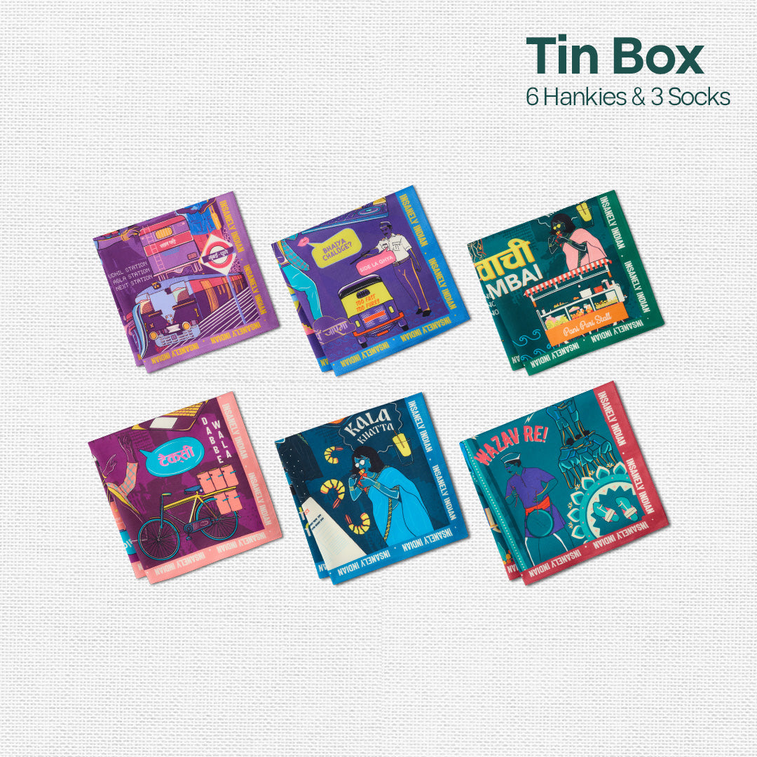Lai Bhari Drip! Tin Gift Box, 6 Hankies + 3 Socks, 100% Organic Cotton, Box of 9