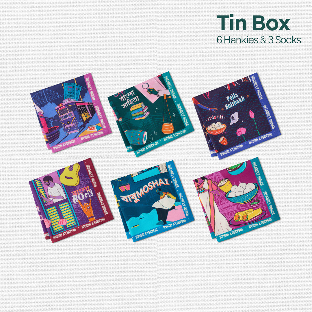 Next Level Bhalo! Tin Gift Box, 6 Hankies + 3 Socks, 100% Organic Cotton, Box of 9