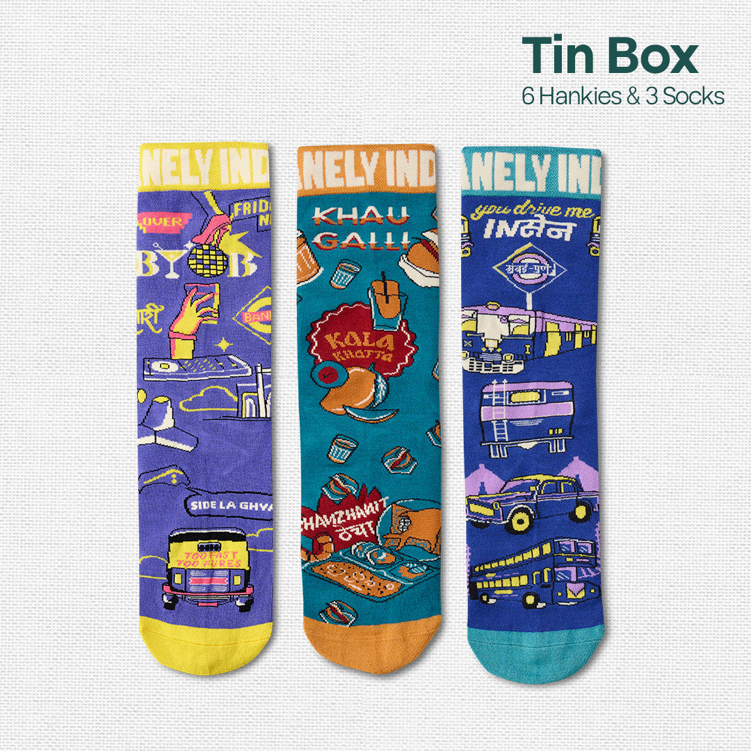 Lai Bhari Drip! Tin Gift Box, 6 Hankies + 3 Socks, 100% Organic Cotton, Box of 9