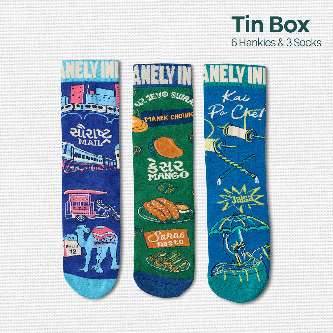 Majjama Mood Box! Tin Gift Box, 6 Hankies + 3 Socks, 100% Organic Cotton, Box of 9