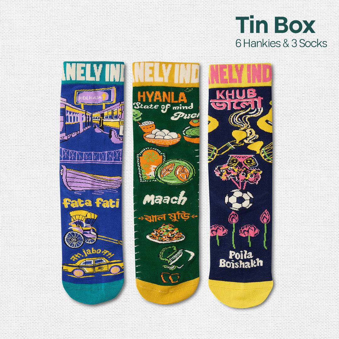 Next Level Bhalo! Tin Gift Box, 6 Hankies + 3 Socks, 100% Organic Cotton, Box of 9