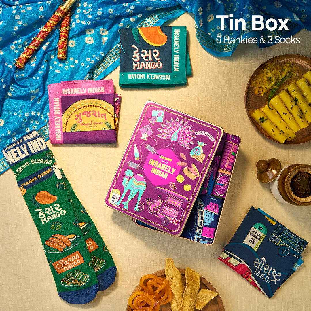 Majjama Mood Box! Tin Gift Box, 6 Hankies + 3 Socks, 100% Organic Cotton, Box of 9