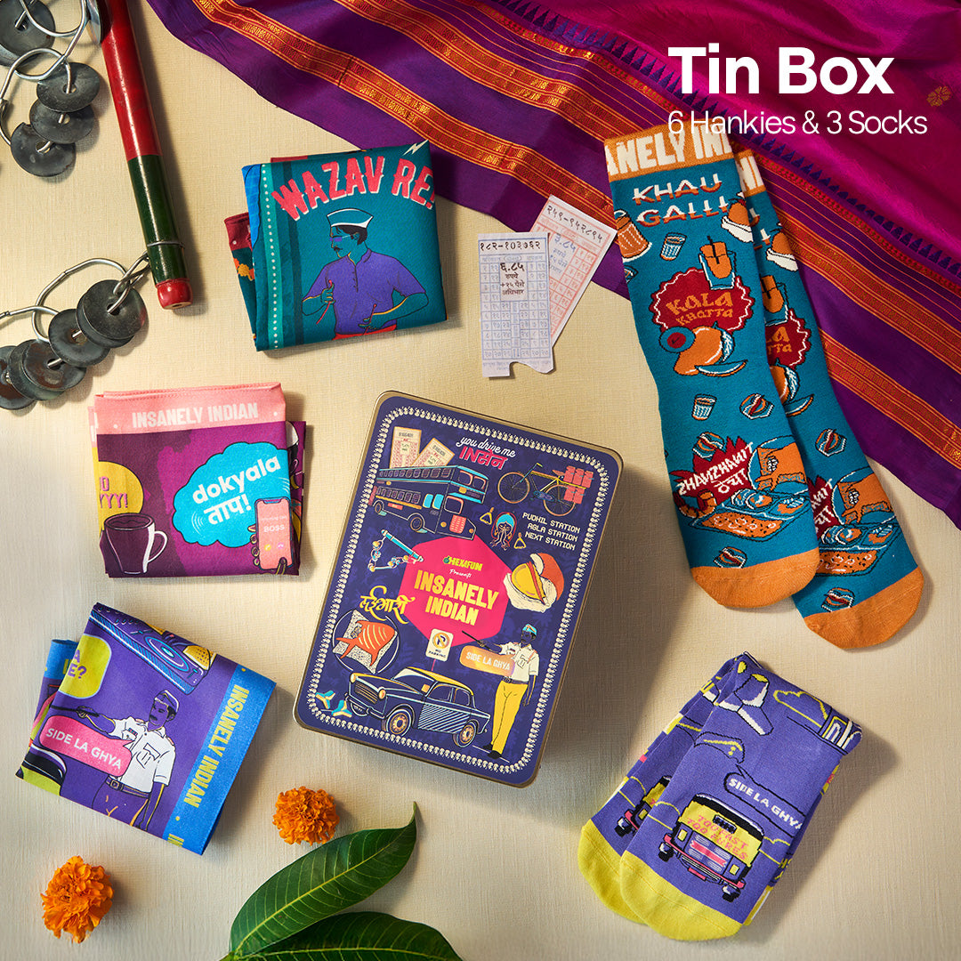 Lai Bhari Drip! Tin Gift Box, 6 Hankies + 3 Socks, 100% Organic Cotton, Box of 9