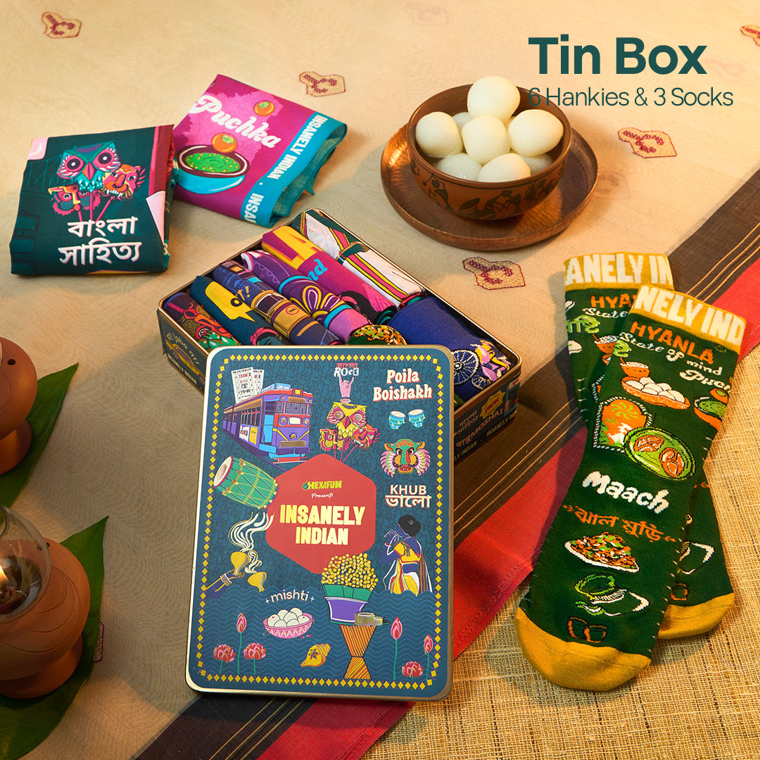 Next Level Bhalo! Tin Gift Box, 6 Hankies + 3 Socks, 100% Organic Cotton, Box of 9