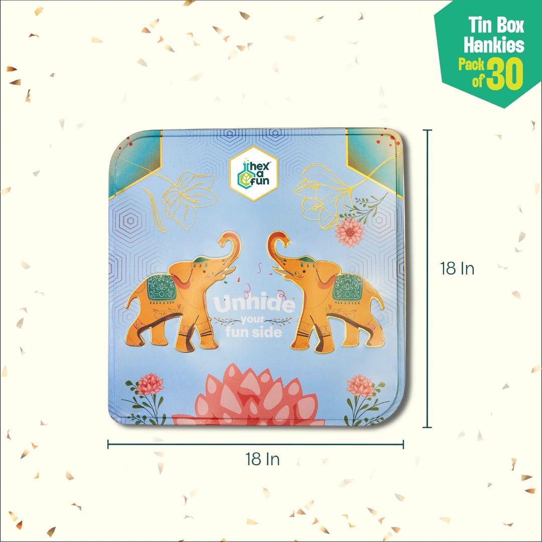 EOD! Elephant Of The Day! Tin Gift Box, Unisex Hankies, 100% Organic Cotton, Box Of 30