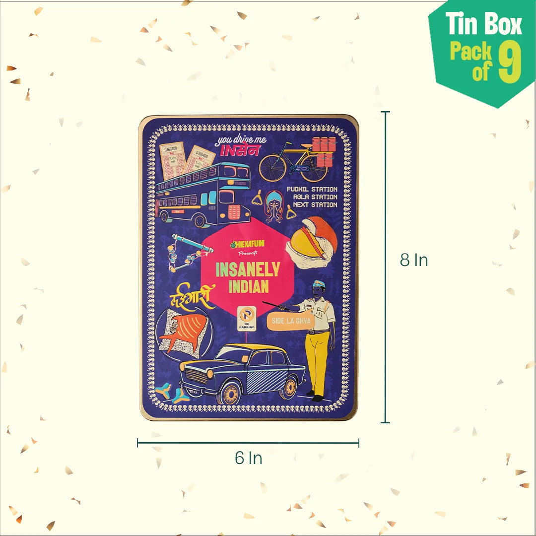 Lai Bhari Drip! Tin Gift Box, 6 Hankies + 3 Socks, 100% Organic Cotton, Box of 9