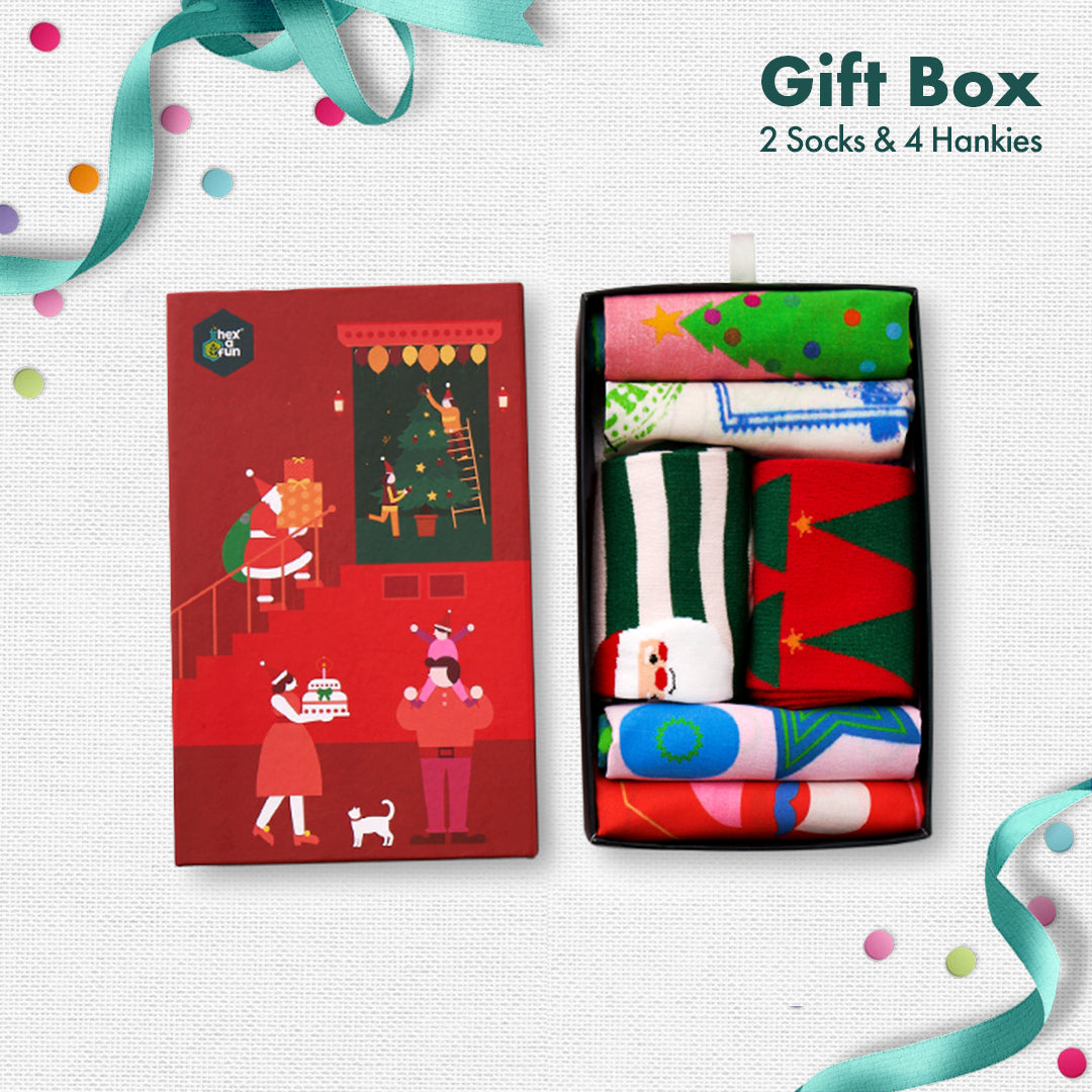 JLT! Jingle Bell Like That! 2 Unisex Crew Length Socks + 4 Unisex Hankies, 100% Organic Cotton, Gift Box of 6