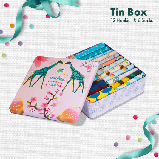 GMT! Giraffe Mood Time! Tin Gift Box, 12 Unisex Hankies + 6 Unisex Crew Length Socks, 100% Organic Cotton, Box of 18