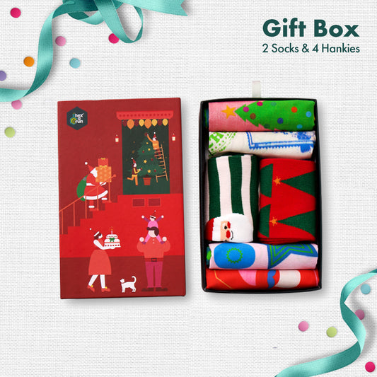 JLT! Jingle Bell Like That! 2 Unisex Ankle Length Socks + 4 Unisex Hankies, 100% Organic Cotton, Gift Box of 6
