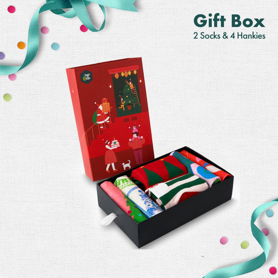 JLT! Jingle Bell Like That! 2 Unisex Crew Length Socks + 4 Unisex Hankies, 100% Organic Cotton, Gift Box of 6