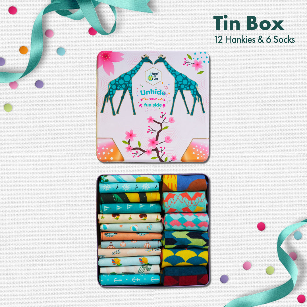 GMT! Giraffe Mood Time! Tin Gift Box, 12 Unisex Hankies + 6 Unisex Ankle Length Socks, 100% Organic Cotton, Box of 18