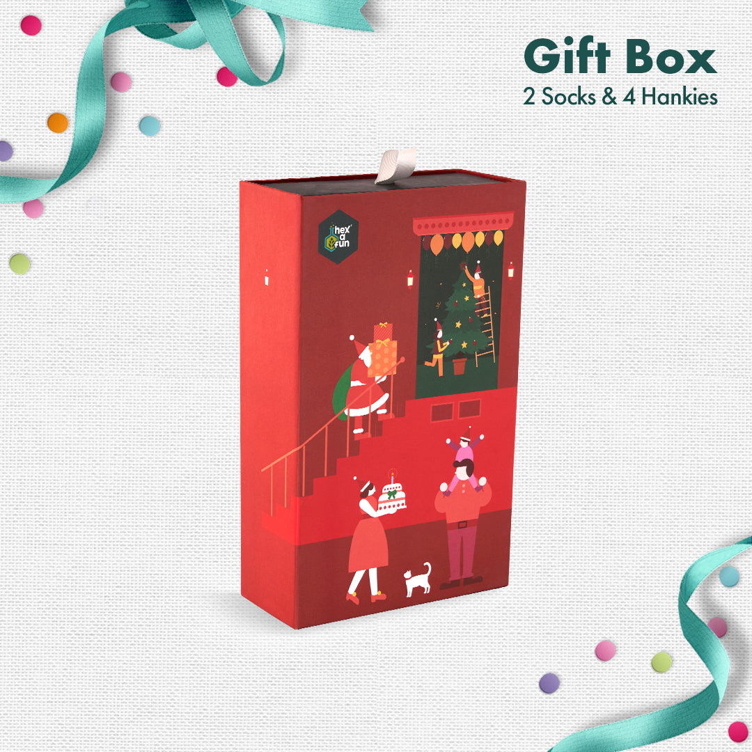 JLT! Jingle Bell Like That! 2 Unisex Ankle Length Socks + 4 Unisex Hankies, 100% Organic Cotton, Gift Box of 6
