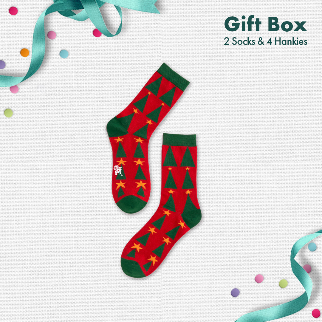 JLT! Jingle Bell Like That! 2 Unisex Crew Length Socks + 4 Unisex Hankies, 100% Organic Cotton, Gift Box of 6