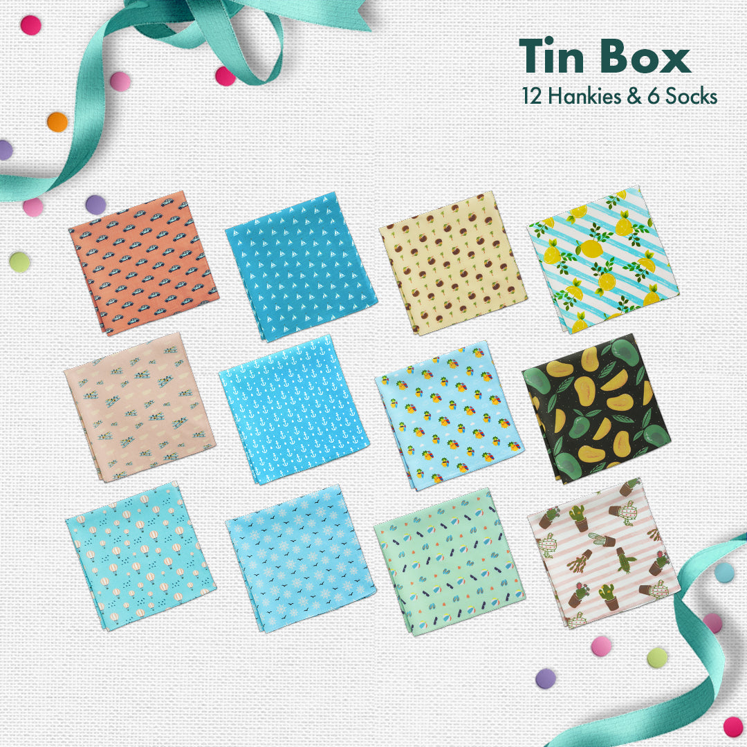 GMT! Giraffe Mood Time! Tin Gift Box, 12 Unisex Hankies + 6 Unisex Ankle Length Socks, 100% Organic Cotton, Box of 18