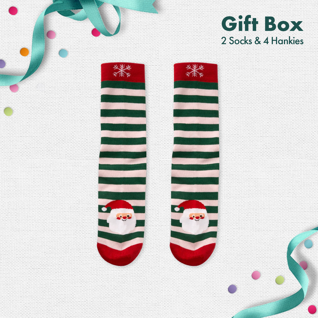 JLT! Jingle Bell Like That! 2 Unisex Crew Length Socks + 4 Unisex Hankies, 100% Organic Cotton, Gift Box of 6