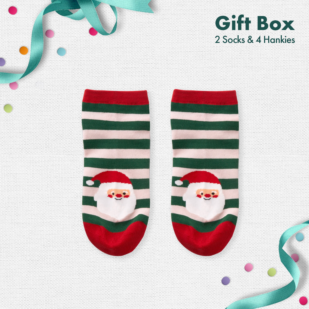 JLT! Jingle Bell Like That! 2 Unisex Ankle Length Socks + 4 Unisex Hankies, 100% Organic Cotton, Gift Box of 6