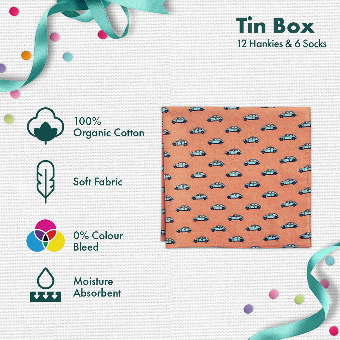 GMT! Giraffe Mood Time! Tin Gift Box, 12 Unisex Hankies + 6 Unisex Ankle Length Socks, 100% Organic Cotton, Box of 18