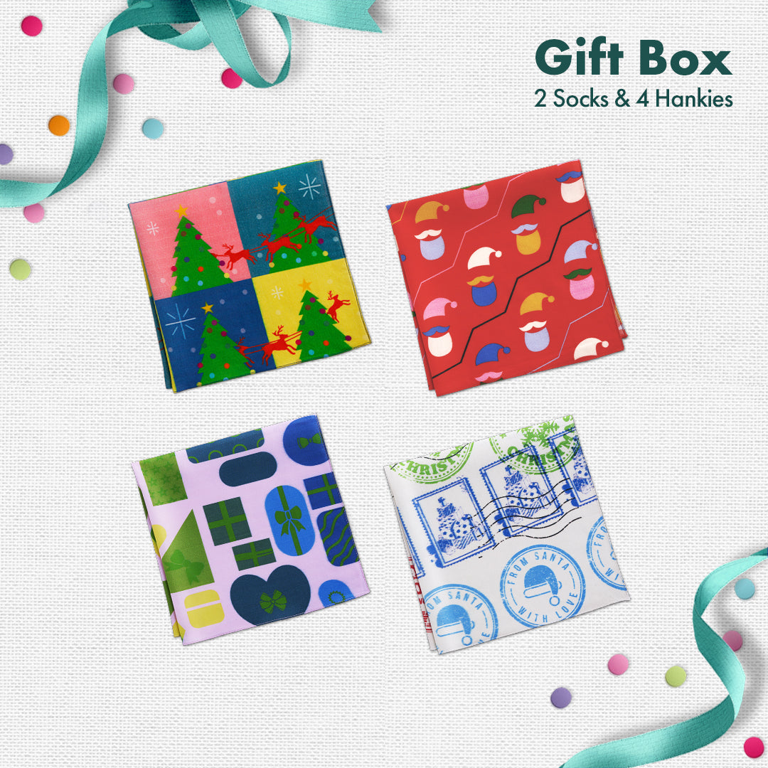JLT! Jingle Bell Like That! 2 Unisex Crew Length Socks + 4 Unisex Hankies, 100% Organic Cotton, Gift Box of 6