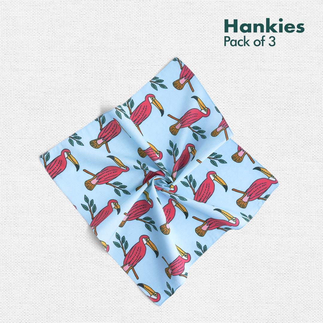 F&F! Flora & Fauna! Unisex Hankies, 100% Organic Cotton, Pack of 3