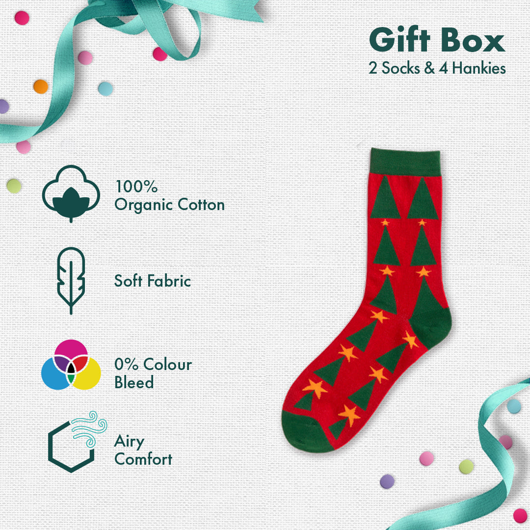 JLT! Jingle Bell Like That! 2 Unisex Crew Length Socks + 4 Unisex Hankies, 100% Organic Cotton, Gift Box of 6