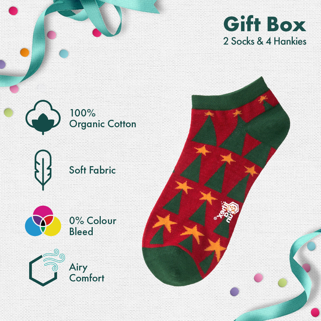 JLT! Jingle Bell Like That! 2 Unisex Ankle Length Socks + 4 Unisex Hankies, 100% Organic Cotton, Gift Box of 6