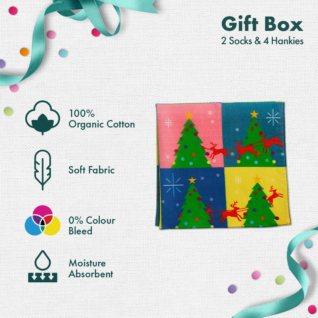 JLT! Jingle Bell Like That! 2 Unisex Crew Length Socks + 4 Unisex Hankies, 100% Organic Cotton, Gift Box of 6