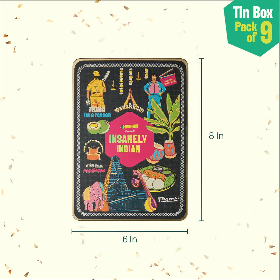 Vanakkam Vibes! Tin Gift Box, 6 Hankies + 3 Socks, 100% Organic Cotton, Box of 9