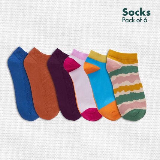 Color Punch! Unisex Socks, 100% Organic Cotton, Ankle Length, Pack of 6