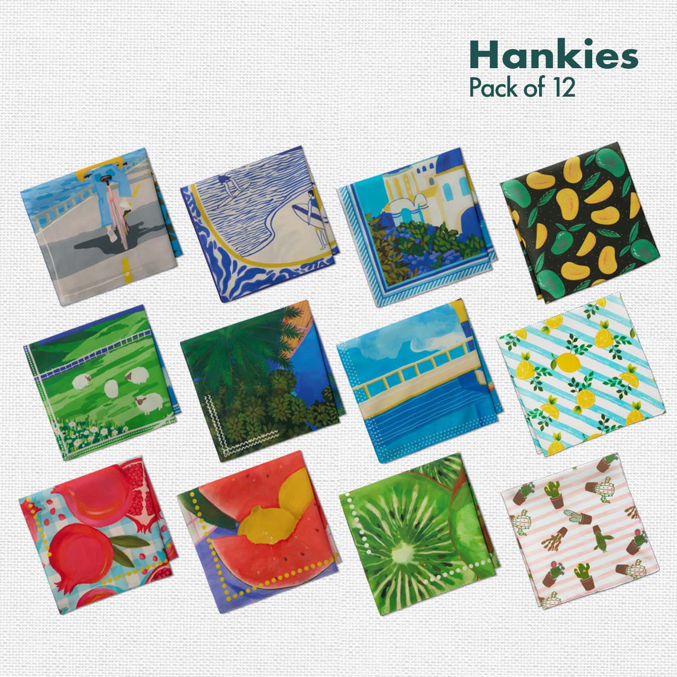 Citrusy Hues! Unisex Hankies, 100% Organic Cotton, Pack of 12