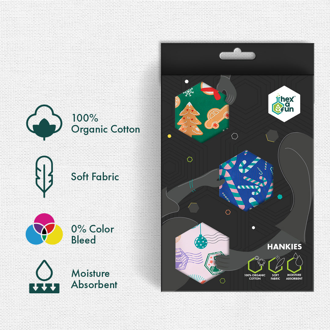 Xmas Vibes! Unisex Hankies, 100% Organic Cotton, Pack of 3