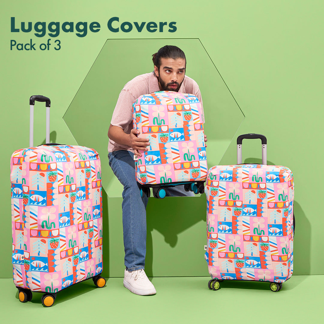 Art Of Abstract! Luggage Covers With Detachable Pouch, 100% Organic Cotton Lycra, Small+Medium+Large Sizes, Pack of 3