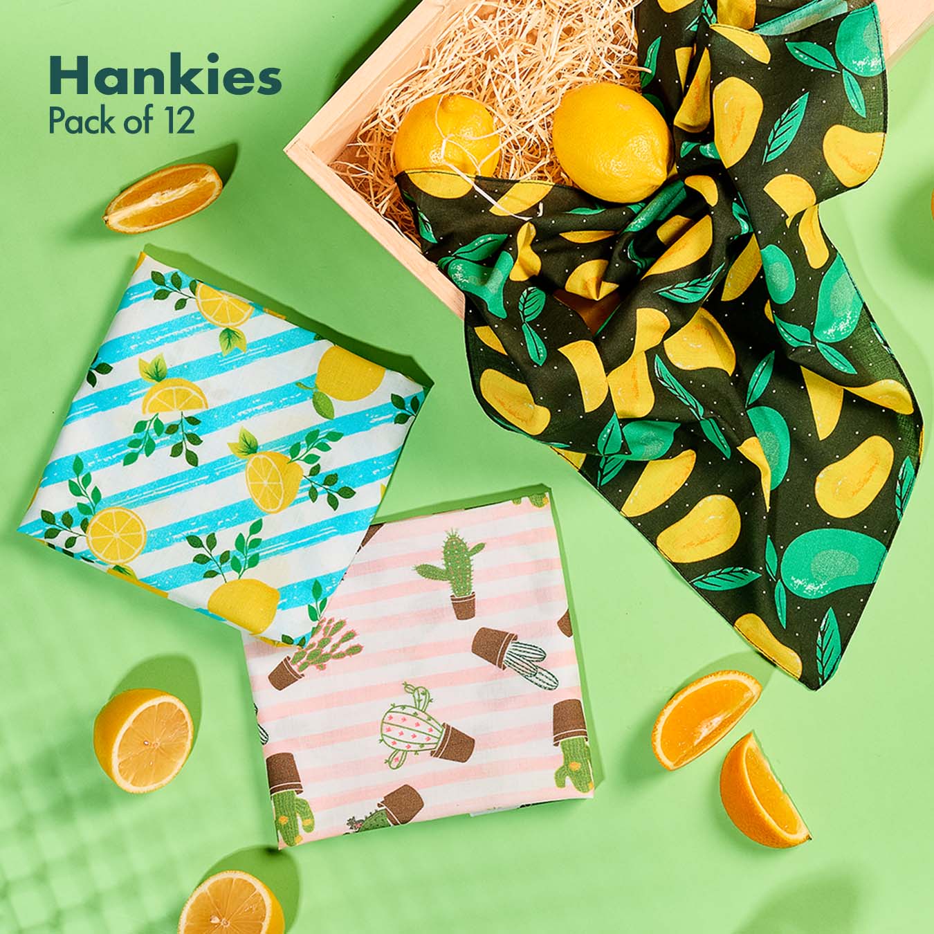 Citrusy Hues! Unisex Hankies, 100% Organic Cotton, Pack of 12