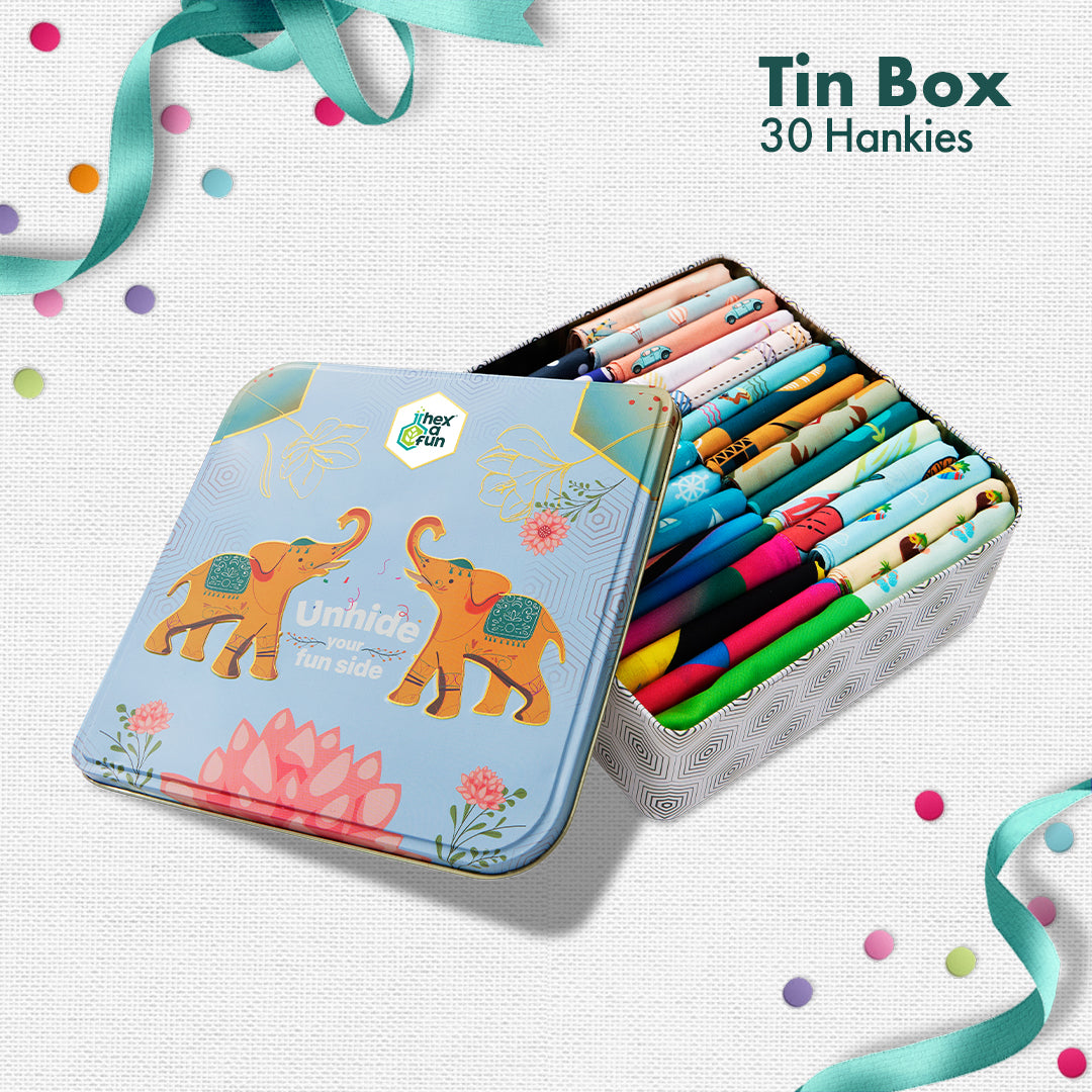 EOD! Elephant Of The Day! Tin Gift Box, Unisex Hankies, 100% Organic Cotton, Box Of 30