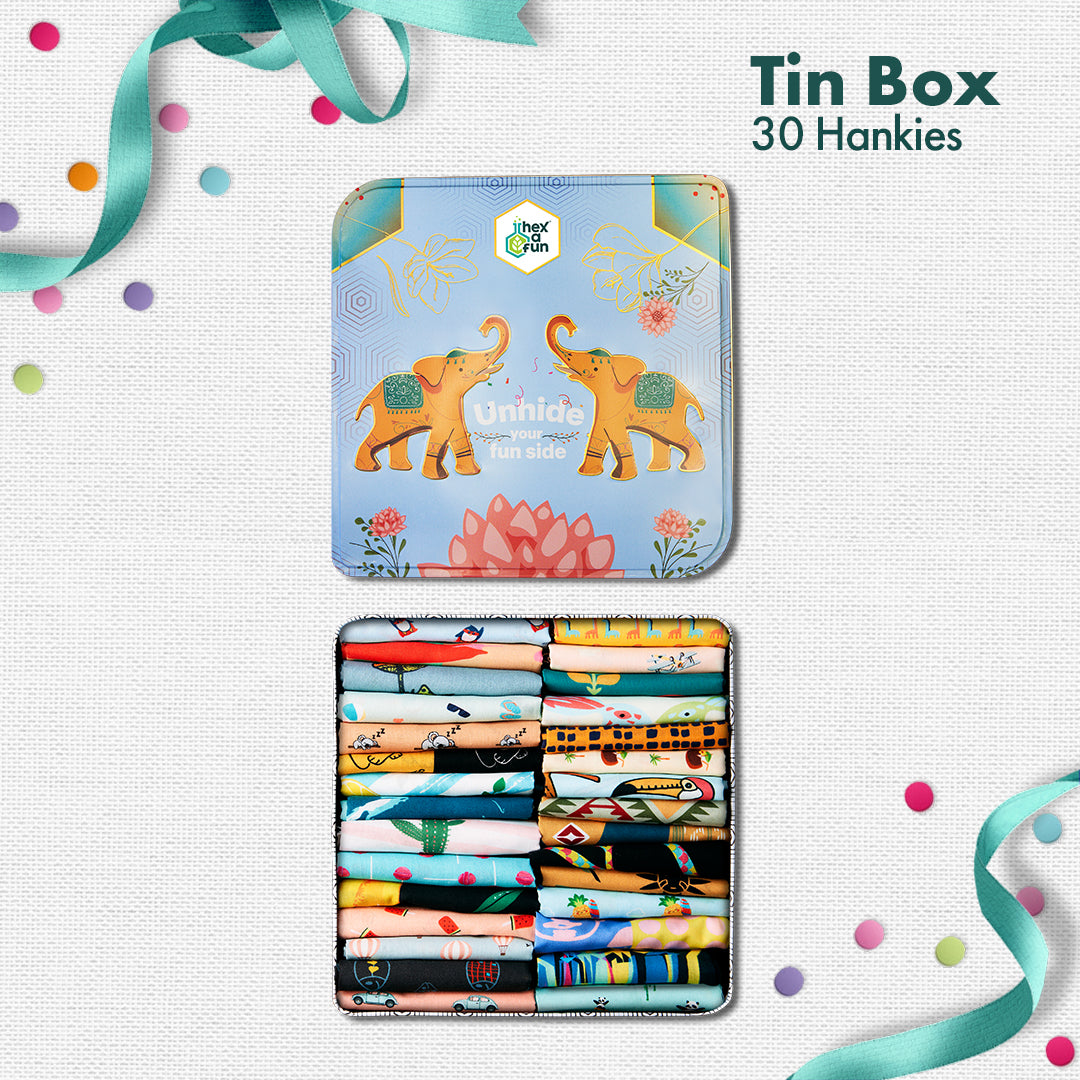 EOD! Elephant Of The Day! Tin Gift Box, Unisex Hankies, 100% Organic Cotton, Box Of 30