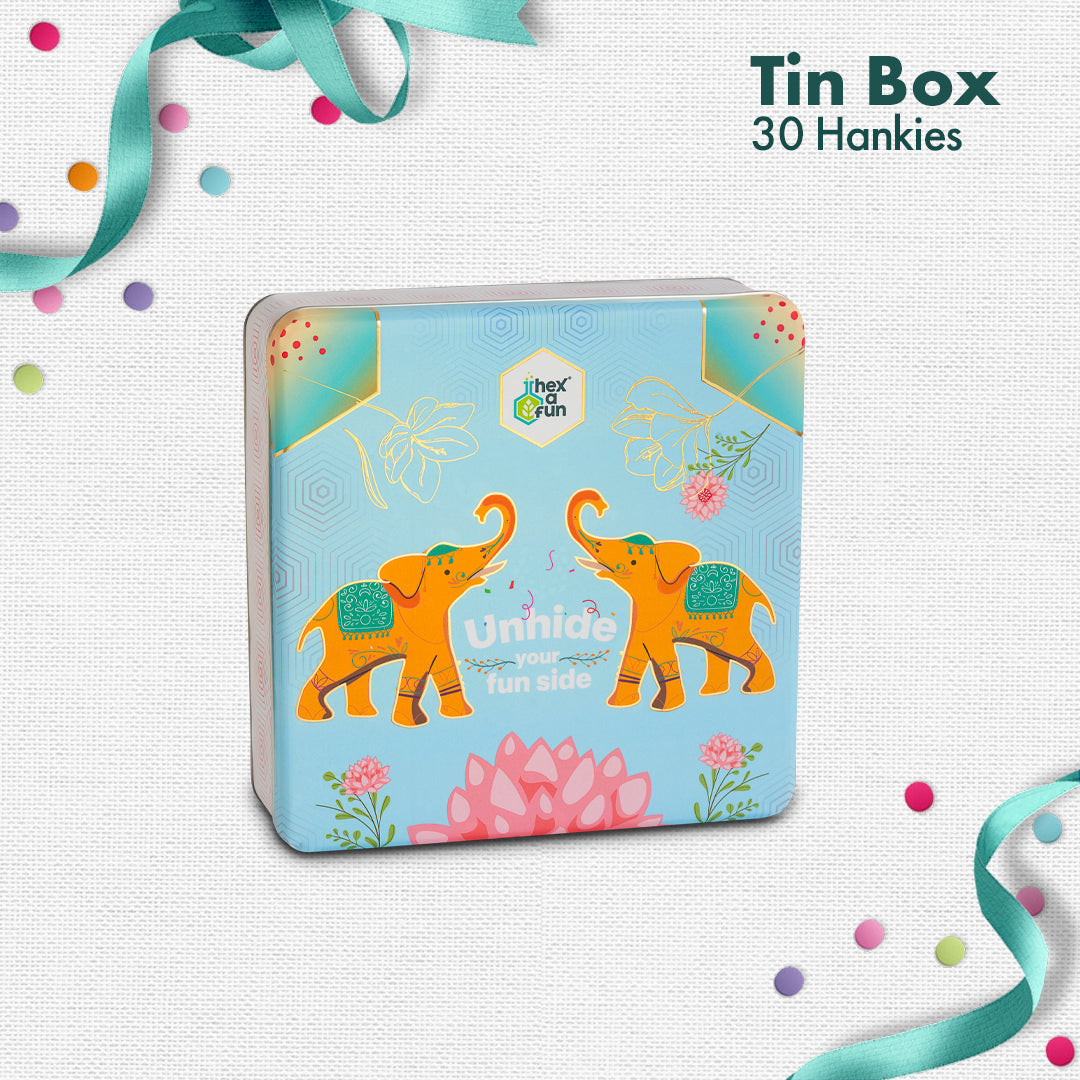 EOD! Elephant Of The Day! Tin Gift Box, Unisex Hankies, 100% Organic Cotton, Box Of 30