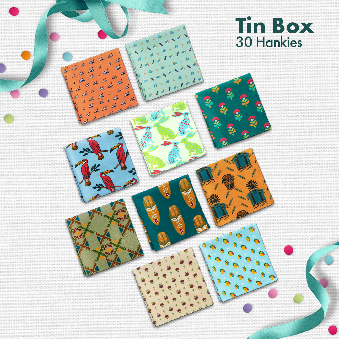 EOD! Elephant Of The Day! Tin Gift Box, Unisex Hankies, 100% Organic Cotton, Box Of 30