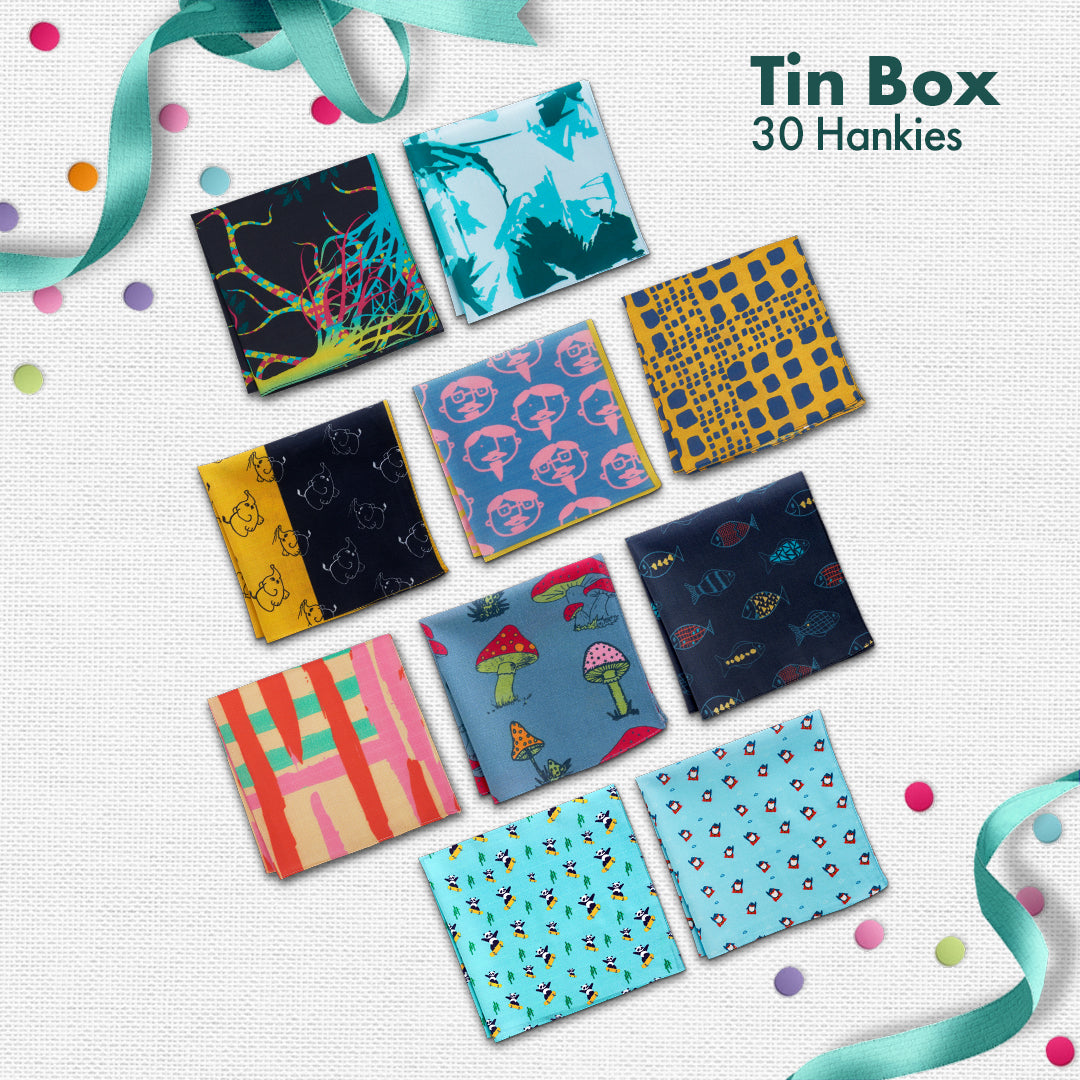 EOD! Elephant Of The Day! Tin Gift Box, Unisex Hankies, 100% Organic Cotton, Box Of 30