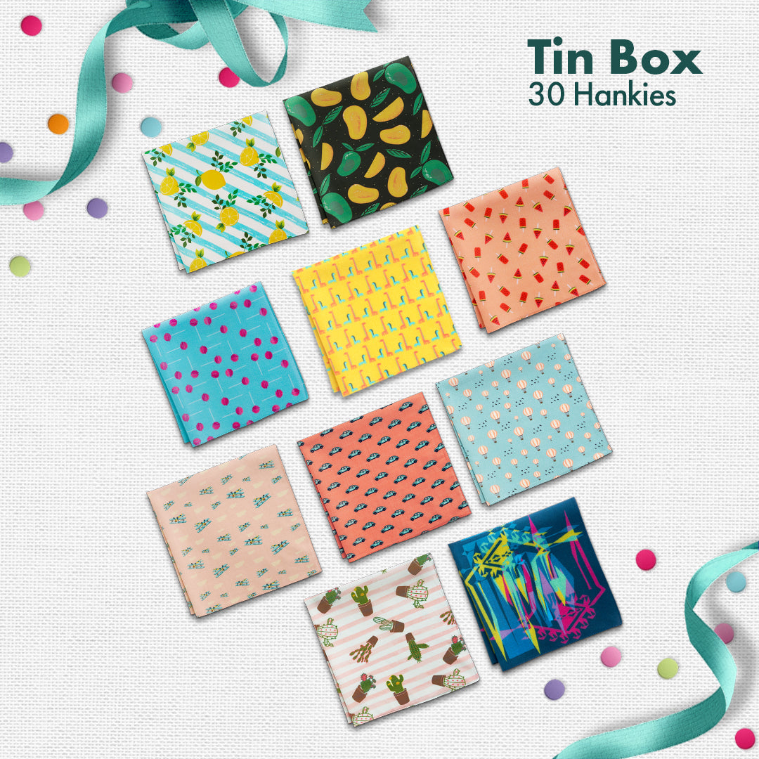 EOD! Elephant Of The Day! Tin Gift Box, Unisex Hankies, 100% Organic Cotton, Box Of 30