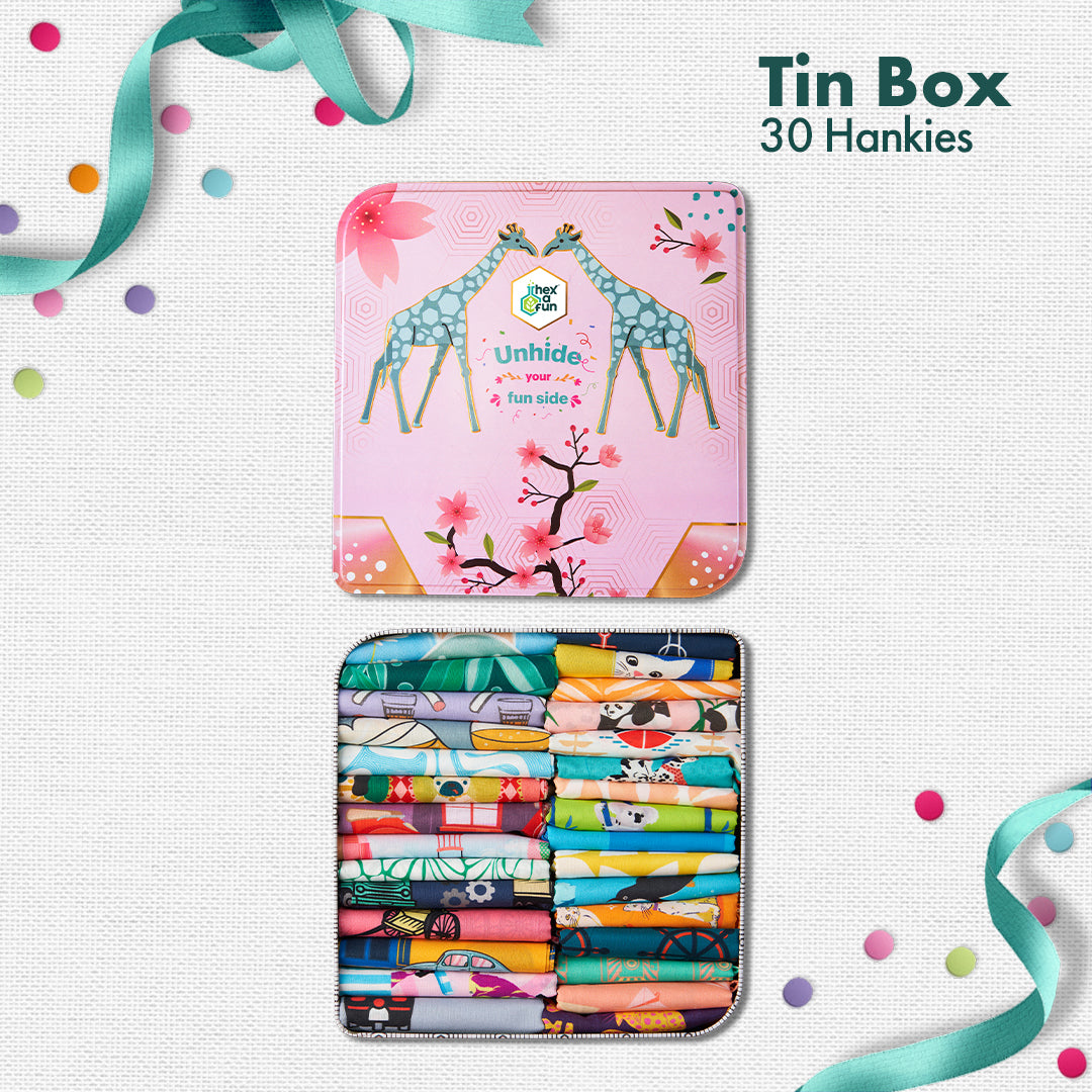 GMT! Giraffe Mood Time! Tin Gift Box, Unisex Hankies, 100% Organic Cotton, Box Of 30