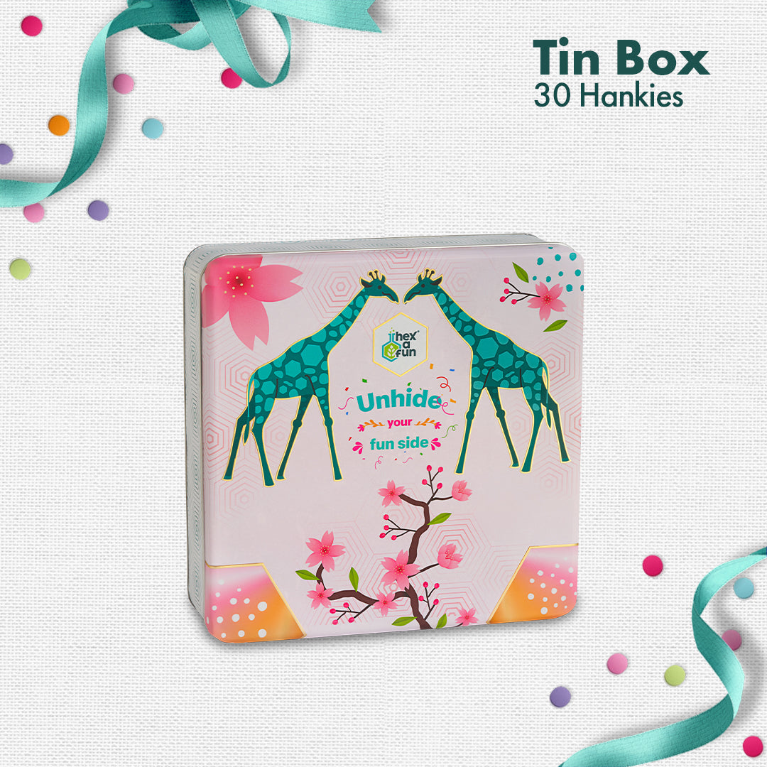GMT! Giraffe Mood Time! Tin Gift Box, Unisex Hankies, 100% Organic Cotton, Box Of 30