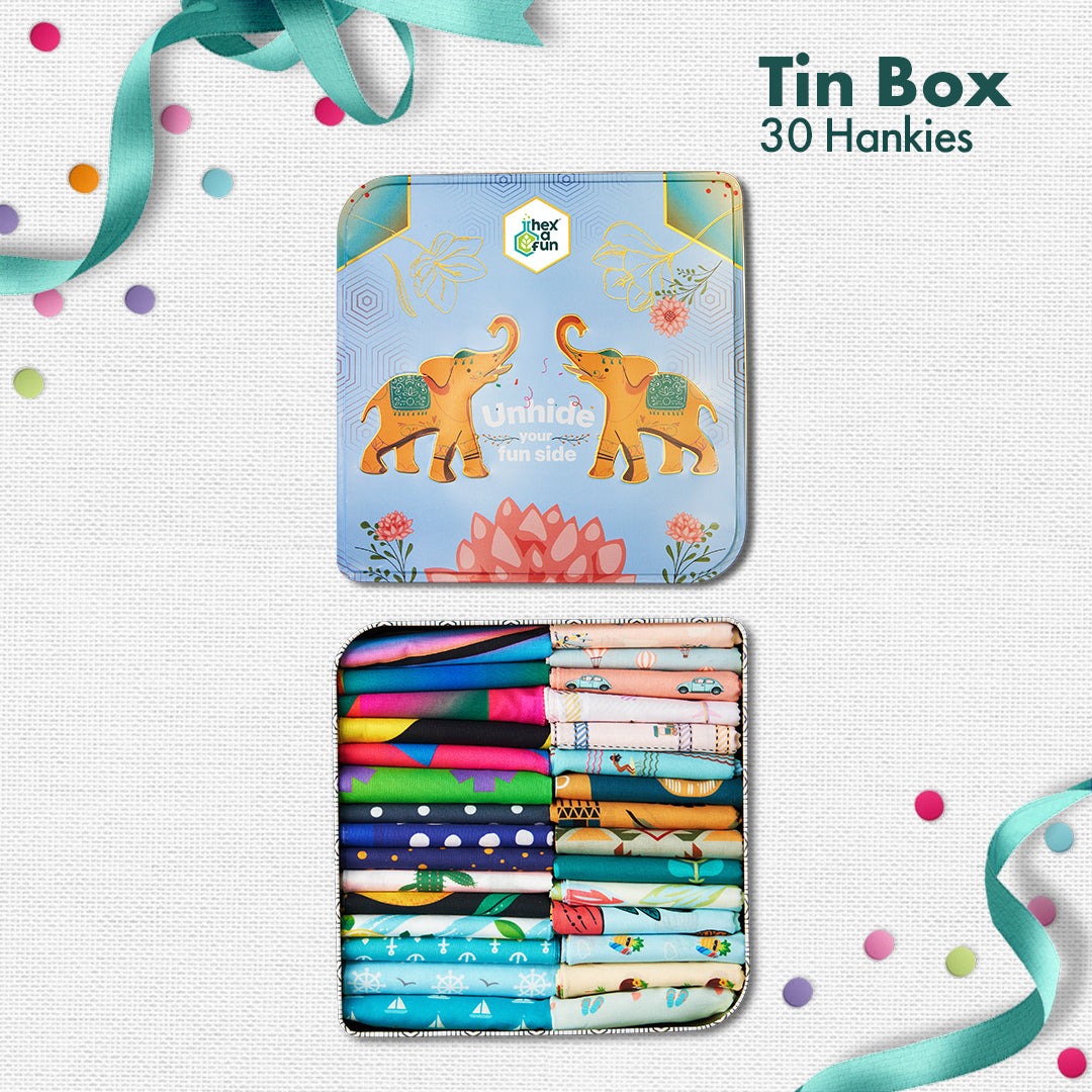 EOD! Elephant Of The Day! Tin Gift Box, Unisex Hankies, 100% Organic Cotton, Box Of 30