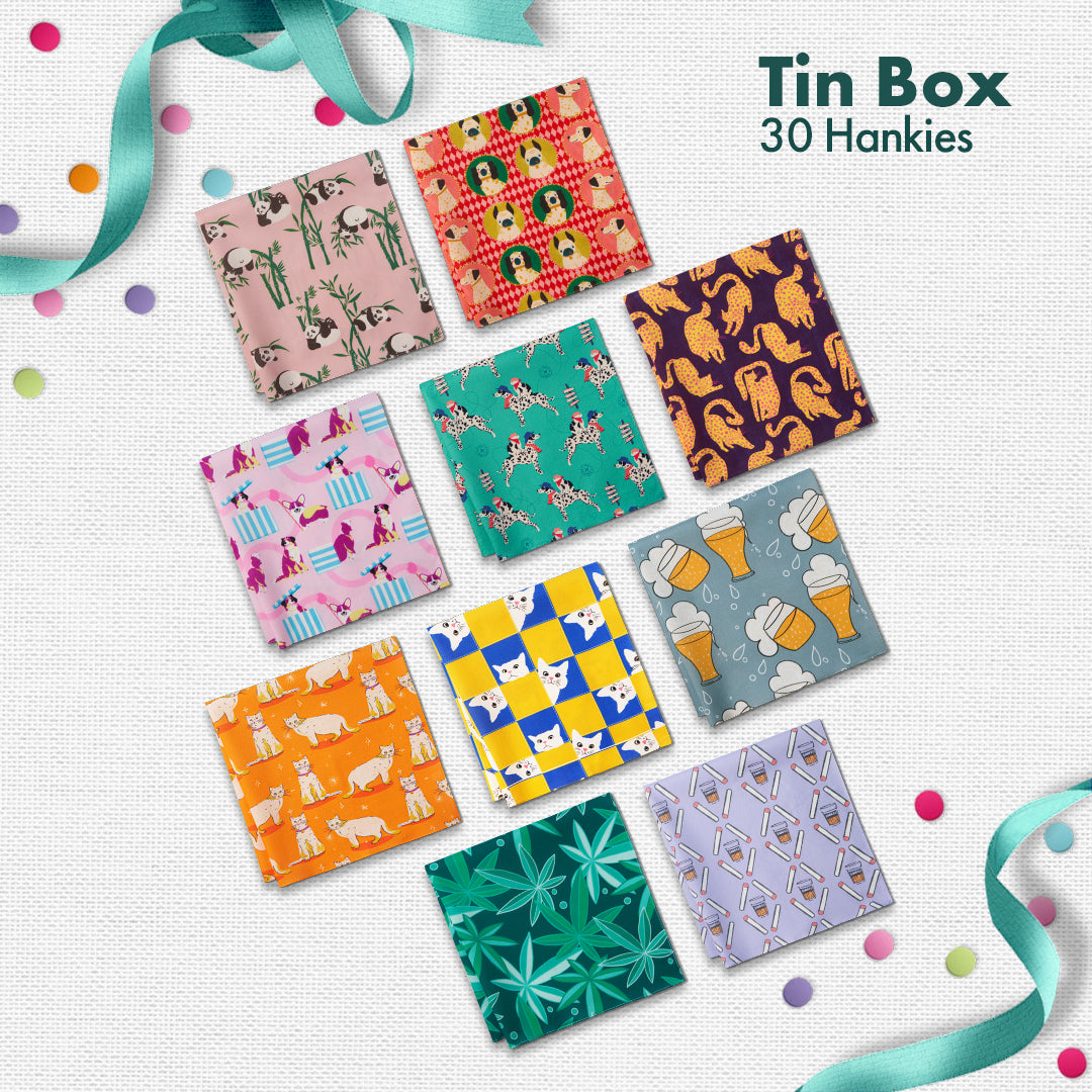 GMT! Giraffe Mood Time! Tin Gift Box, Unisex Hankies, 100% Organic Cotton, Box Of 30
